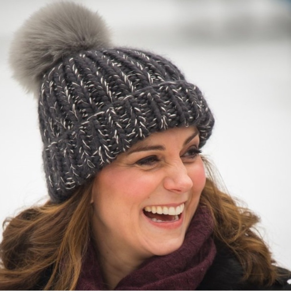 Eugenia Kim Black Knit Beanie with Gray Real Fur Pom Pom